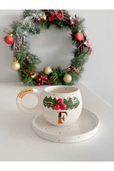 Mugtasarım 24 K Gold Gilded Coquina Double Turkish Coffee Cup - Letter F -