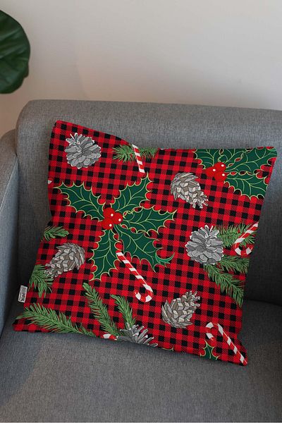 Hayal Dekoratif New Year's Themed Red Black Pinecone and Candy Cane Plaid Patterned Digital Printed Throw Pillow Cover