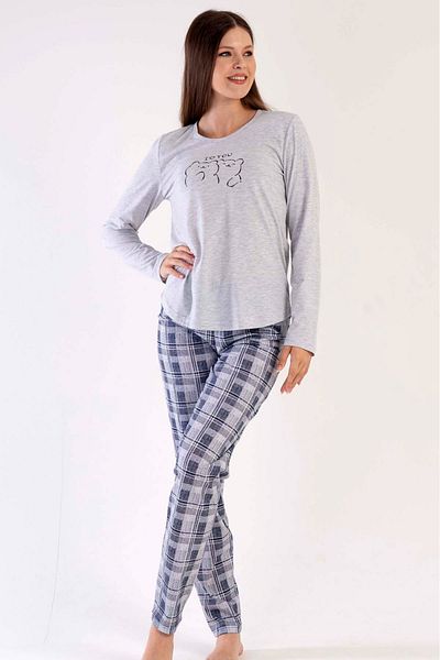 VİENETTA Set de pijamale din bumbac, gri, cu mâneci lungi, cu gât rotund, cu tiv oval