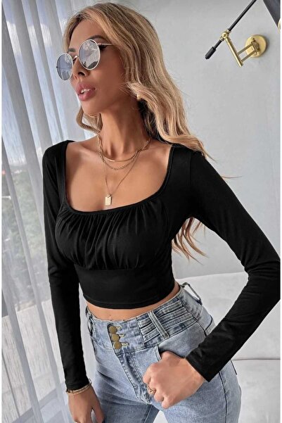 KAROL KARE YAKA ÖNÜ DRAPELİ CROP BLUZ