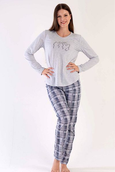 VİENETTA Set de pijamale din bumbac, gri, cu mâneci lungi, cu gât rotund, cu tiv oval
