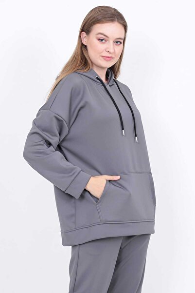 KZN MODA Kadın Gri Scuba Kapüşonlu Eşofman Takım