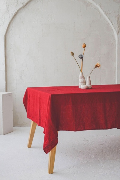 miyolin Washed Linen Tablecloth, Raw Linen Tablecloth, Red Linen Tablecloth, Christmas Tablecloth