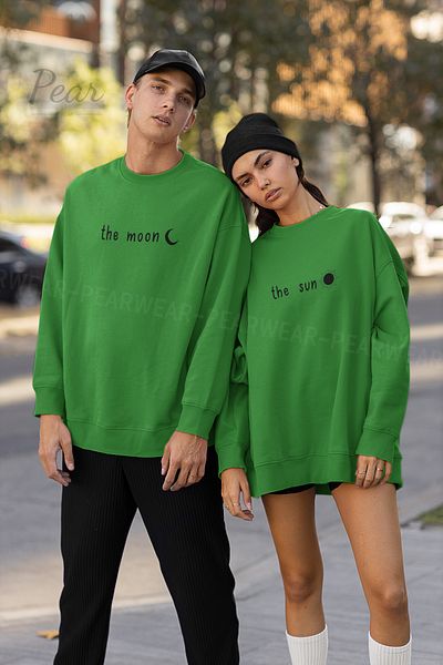 Pear Wear The Moon The Sun Printed Unisex 3 Thread Raised Lover Set Oversize φούτερ 2 τεμαχίων