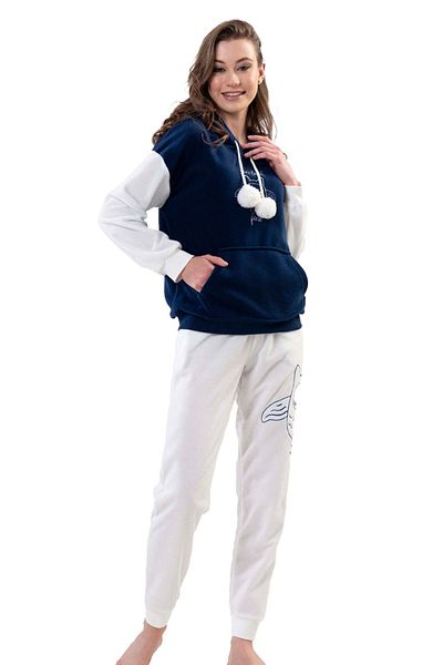 VİENETTA Women's Navy Blue White Hooded Fleece Off Shoulder Long Sleeve Pocket Pompom Pajamas Set