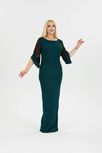 Bersi Butik Rochie maxi lungă pentru femei, cu sclipici, mâneci din șifon, oc...