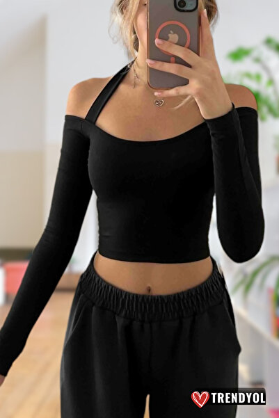Moda Mistik Crop Top Bluz Uzun Kol Boyundan Askılı Göğüs Dekolteli Açık Omuz ...