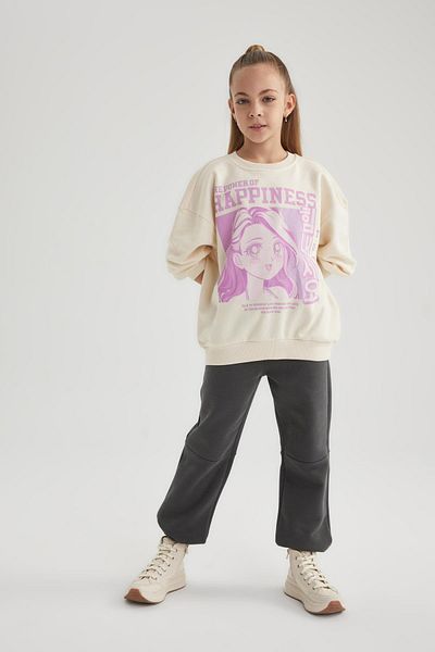 DeFacto Girl's Relax Fit Crew Neck Printed Sweatshirt B4673a823wn