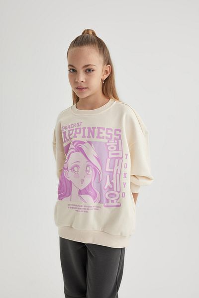 DeFacto Girl's Relax Fit Crew Neck Printed Sweatshirt B4673a823wn