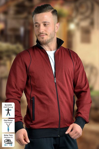 BESSA Men's Burgundy Zippered Sweatshirt Honeycomb Fabric Stand Collar