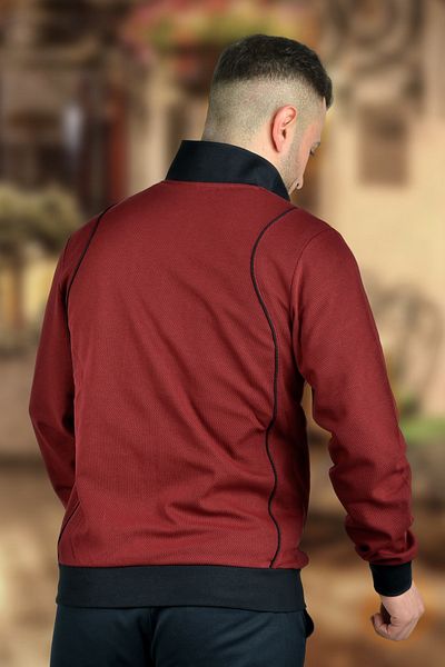 BESSA Men's Burgundy Zippered Sweatshirt Honeycomb Fabric Stand Collar