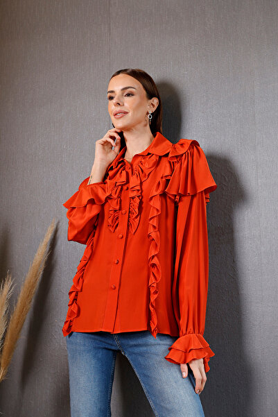 aylin yılmaz Elica Turuncu İpek Saten Volanlı Şık Tasarım Gömlek