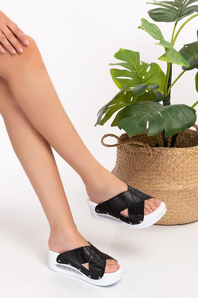 Nur Ortopedi Papuci de damă cu model de crocodil negru, cu talpă cu balon, ortopedici 01, papuci pentru medicul de spital