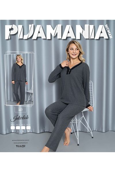collective Set de pijamale cu mânecă lungă, cu guler interlock, pentru femei