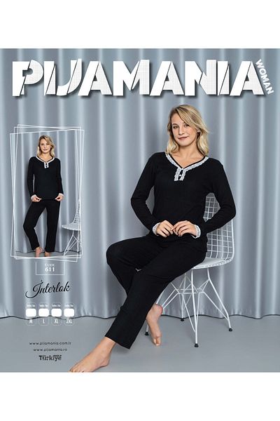 collective Set de pijamale cu mânecă lungă, cu guler interlock, pentru femei