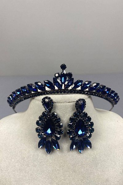 Hobigram Navy Blue Thin Ilayda Model Bridal Crown and Thin Shuttle Earring Set – Crown, Crystal Stone, Stylish Model – t
