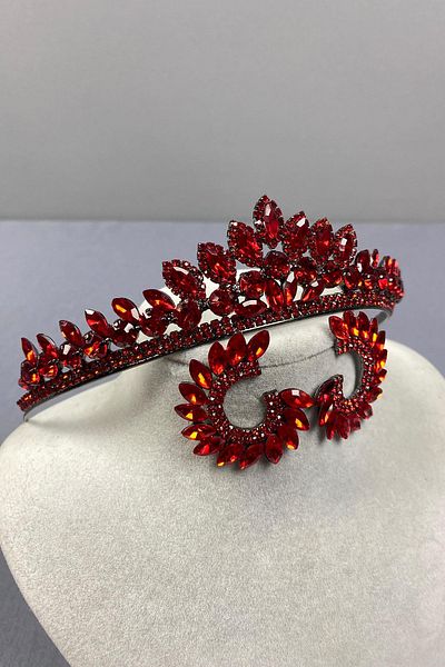 Hobigram Red Leyla Model Henna Bridal Crown and Round Stone Earring Set – Crown, Crystal Stone, Stylish Model –