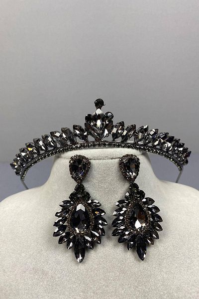 Hobigram Navy Blue Thin Ilayda Model Bridal Crown and Three Shuttle Earrings Set – Crown, Crystal Stone, Stylish Model – Crown