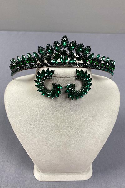 Hobigram Green Leyla Model Henna Bridal Crown and Round Stone Earring Set – Crown, Crystal Stone, Stylish Model – t