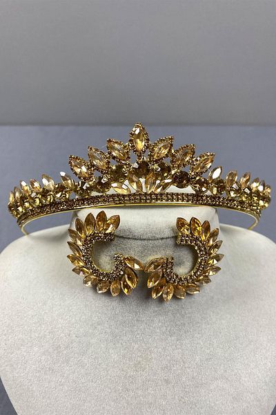 Hobigram Set de coroană de mireasă Leyla Model Henna și cercei rotunzi cu pietre prețioase – Coroană, piatră de cristal, model elegant