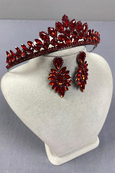 Hobigram Red Leyla Model Henna Bridal Crown and Thin Shuttle Earring Set – Crown, Crystal Stone, Stylish Model – Crown