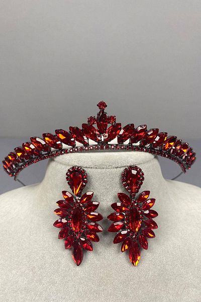Hobigram Red Thin Ilayda Model Bridal Crown and Round Stone Earrings Set – Crown, Crystal Stone, Stylish Model