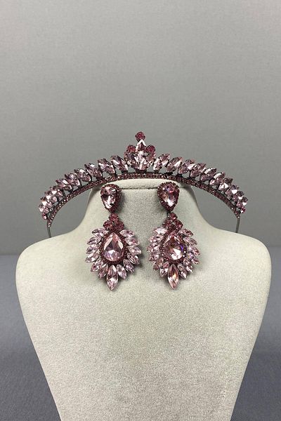 Hobigram Pink Thin Ilayda Model Bridal Crown and Drop Shuttle Stone Earring Set – Crown, Crystal Stone, Stylish Model