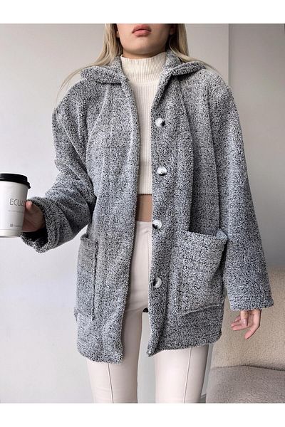 ÇEÇİM DOUBLE POCKET BUTTONED FRONT OVERSIZED PLUSH JACKET
