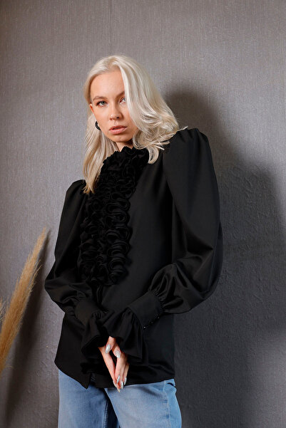 Almira Black Shirt Modern Casual Elegance Fırfır Detaylı Gömlek