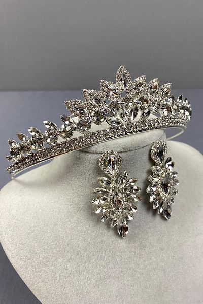 Hobigram Set de coroană de mireasă Leyla Model Henna și cercei subțiri – Coroană, piatră de cristal, model elegant –