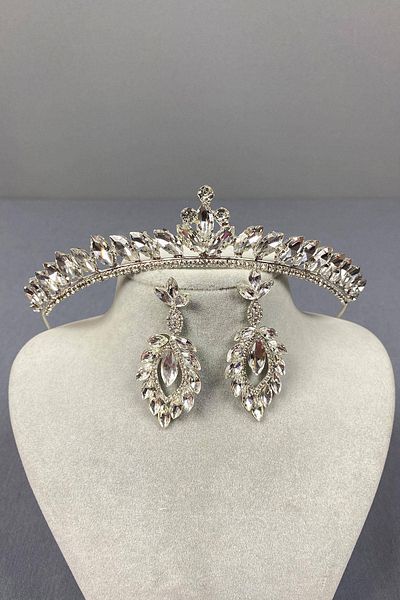 Hobigram Set de coroană de mireasă și cercei cu trei navete model Ilayda subțire gri antracit – Coroană, piatră de cristal, model elegant –