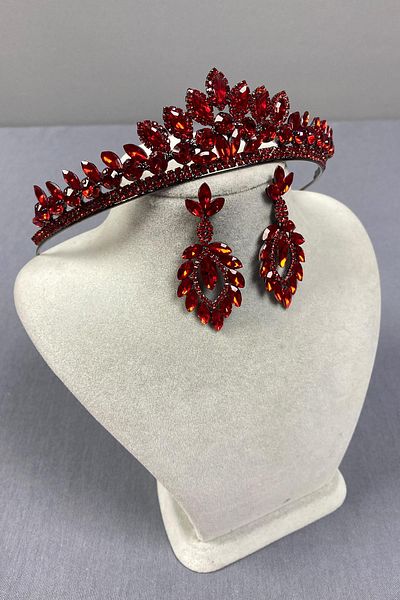 Hobigram Red Leyla Model Henna Bridal Crown and Shuttle Stone Earring Set – Crown, Crystal Stone, Stylish Model – Ta
