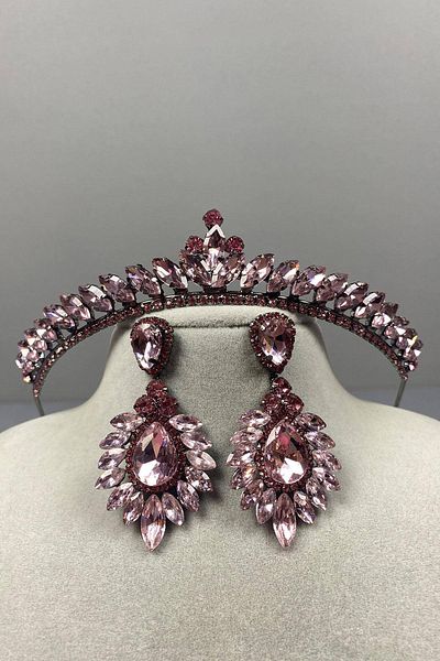Hobigram Pink Thin Ilayda Model Bridal Crown and Drop Shuttle Stone Earring Set – Crown, Crystal Stone, Stylish Model