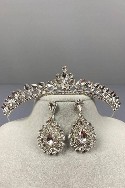 Hobigram Set de coroană de mireasă model Ilayda fină argintie și cercei cu piatră de dropship – coroană, piatră de cristal, model elegant