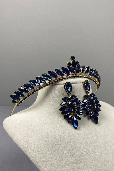 Hobigram Navy Blue Gold Thin Ilayda Model Bridal Crown and Thin Shuttle Earring Set – Crown