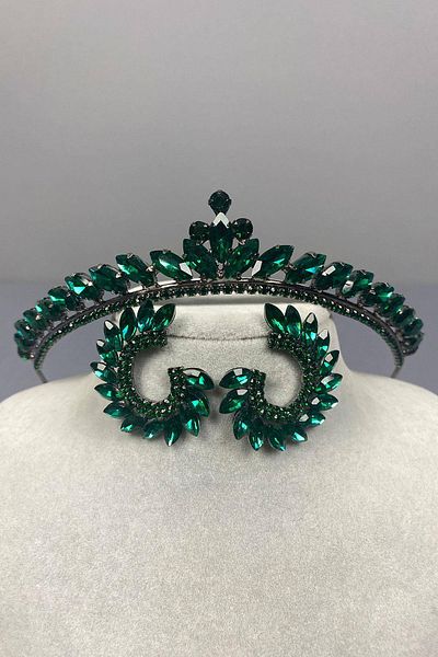 Hobigram Green Thin Ilayda Model Bridal Crown and Shuttle Stone Earring Set – Crown, Crystal Stone, Stylish Model – Crown