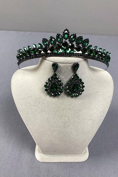 Hobigram Green Leyla Model Henna Bridal Crown and Drop Stone Earring Set – Crown, Crystal Stone, Stylish Model – Crown