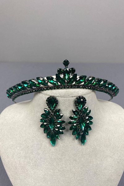 Hobigram Green Thin Ilayda Model Bridal Crown and Drop Shuttle Earring Set – Crown, Crystal Stone, Stylish Model – t