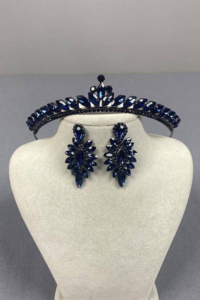Hobigram Navy Blue Thin Ilayda Model Bridal Crown and Drop Stone Earring Set – Crown, Crystal Stone, Stylish Model –