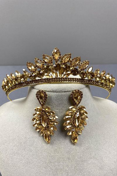 Hobigram Honey Color Leyla Model Henna Bridal Crown and Thin Shuttle Earring Set – Crown, Crystal Stone, Stylish Model – t