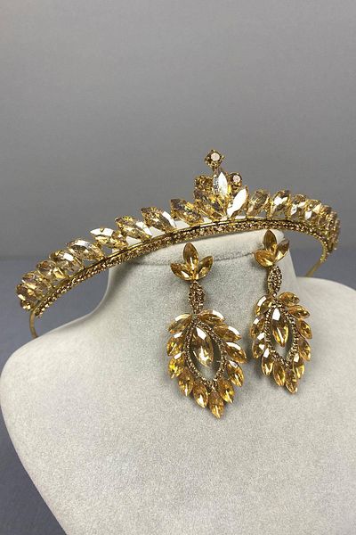 Hobigram Red Thin Ilayda Model Bridal Crown and Thin Shuttle Earring Set – Crown, Crystal Stone, Stylish Model – Ta