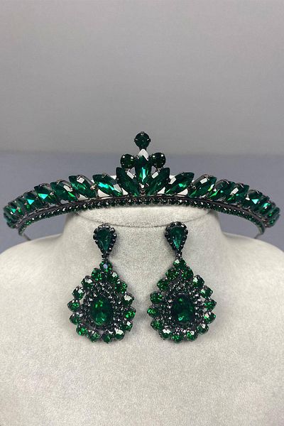 Hobigram Green Thin Ilayda Model Bridal Crown and Round Stone Earring Set – Crown, Crystal Stone, Stylish Model –