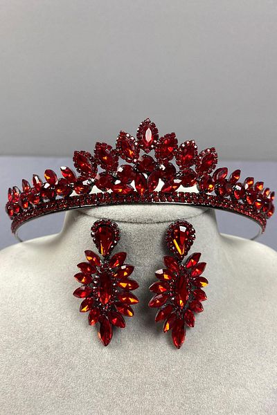 Hobigram Red Leyla Model Henna Bridal Crown and Thin Shuttle Earring Set – Crown, Crystal Stone, Stylish Model – Crown