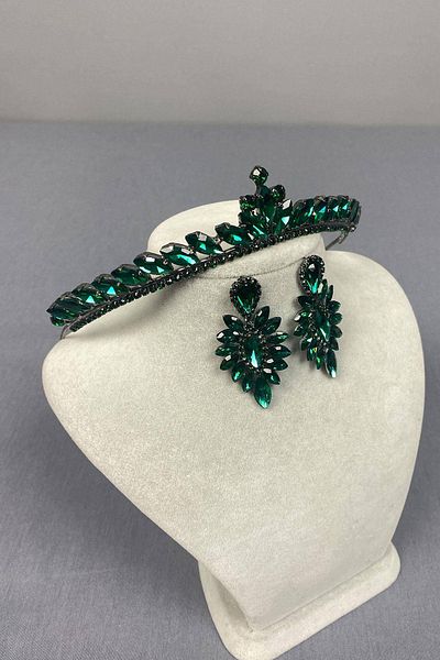 Hobigram Green Thin Ilayda Model Bridal Crown and Drop Shuttle Earring Set – Crown, Crystal Stone, Stylish Model – t