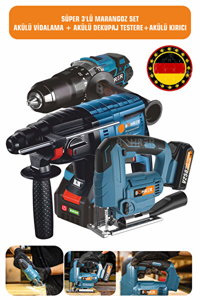 BÖHRER 3'LÜ AKÜLÜ VİDALAMA , DEKUPAJ VE KIRICI DELİCİ MARANGOZ AHŞAP MAKİNE SETİ