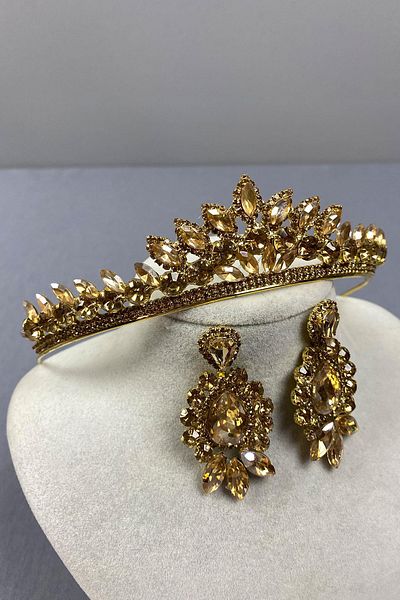 Hobigram Honey Color Leyla Model Henna Bridal Crown and Three Shuttle Earring Set – Crown, Crystal Stone, Stylish Model – Crown