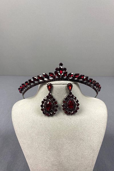 Hobigram Set de coroană de mireasă și cercei tip tip Ilayda subțire de burgundă – coroană, piatră de cristal, model elegant, coroană de mireasă