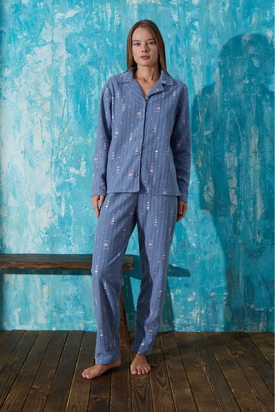 MEBA Women's Front Buttoned Petrol Heart Patterned Fleece Pajama Set