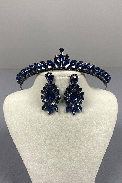 Hobigram Navy Blue Thin Ilayda Model Bridal Crown and Thin Shuttle Earring Set – Crown, Crystal Stone, Stylish Model – t