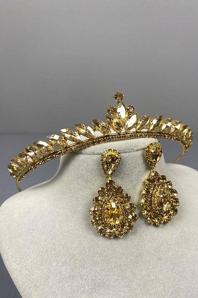 Hobigram Honey Color Thin Ilayda Model Bridal Tiara and Round Stone Earring Set – Crown, Crystal Stone, Stylish Fashion